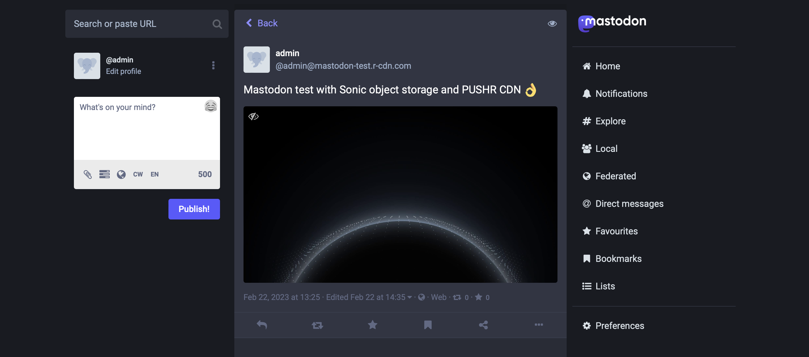 Mastodon with object storage and CDN  by PUSHR - setup completed